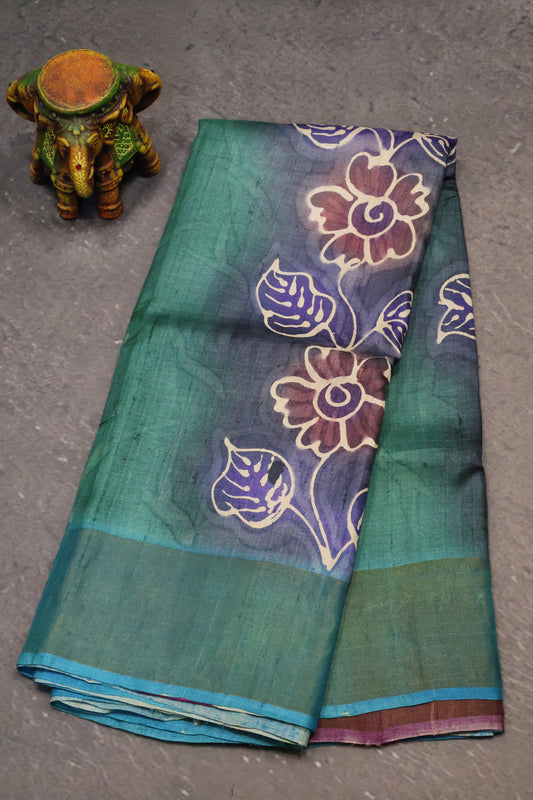Pure Tussar Saree - Peacock Green Floral Border