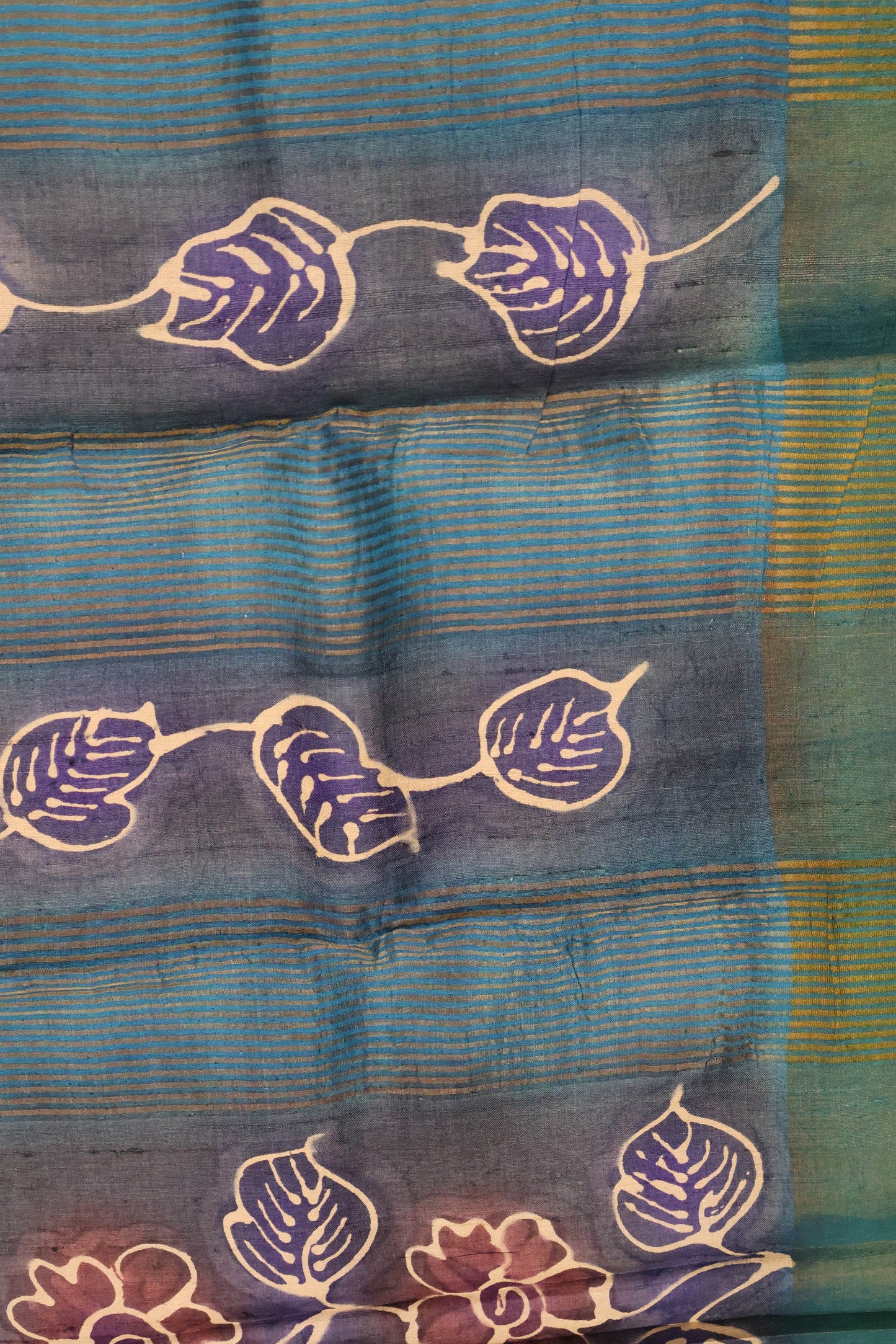Pure Tussar Saree - Peacock Green Floral Border