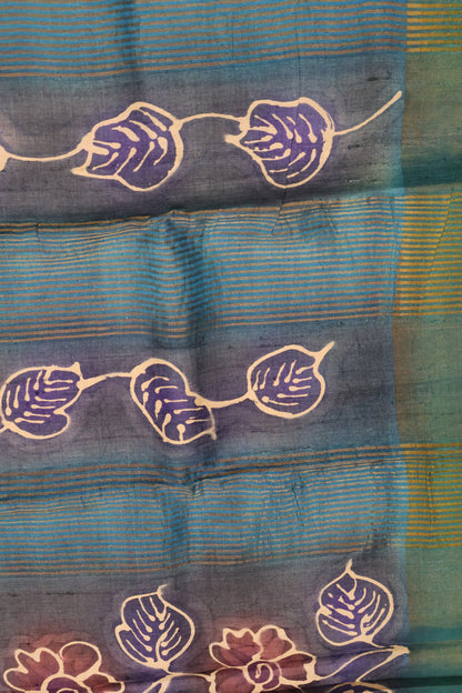 Pure Tussar Saree - Peacock Green Floral Border