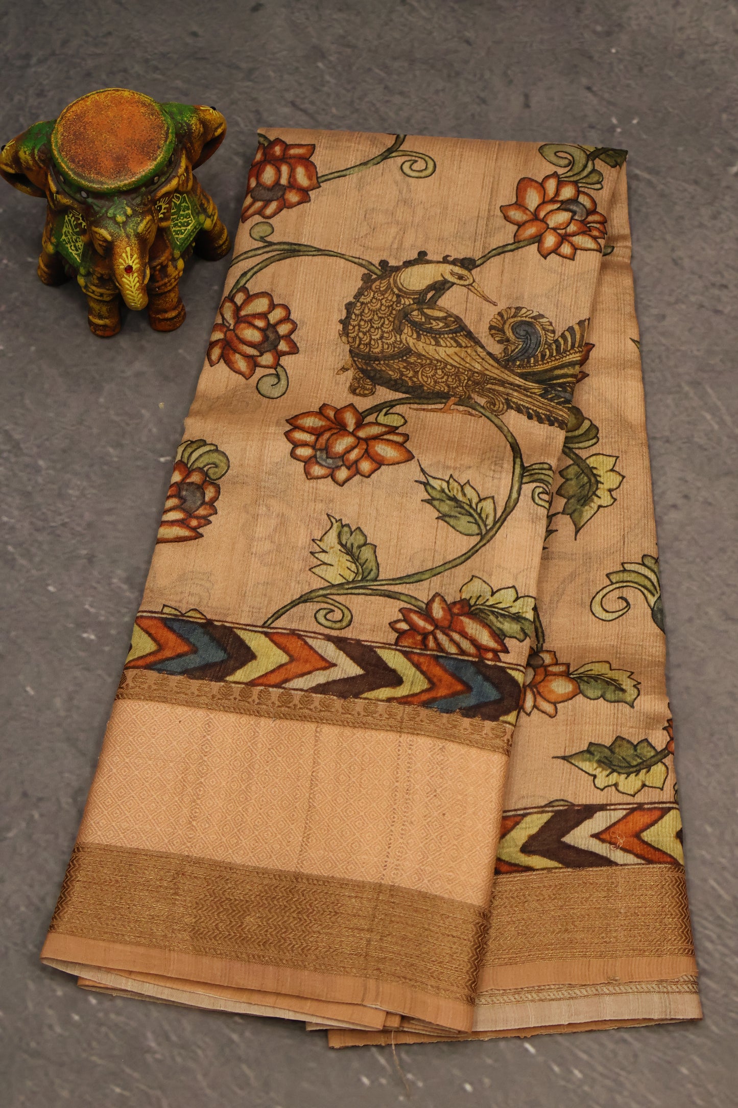 Pure Tussar Saree - Pale Orange Floral