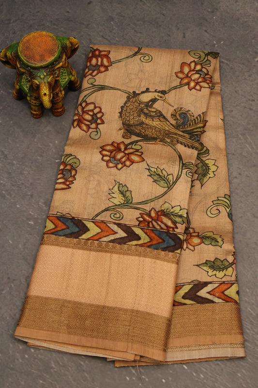 Pure Tussar Saree - Pale Orange Floral