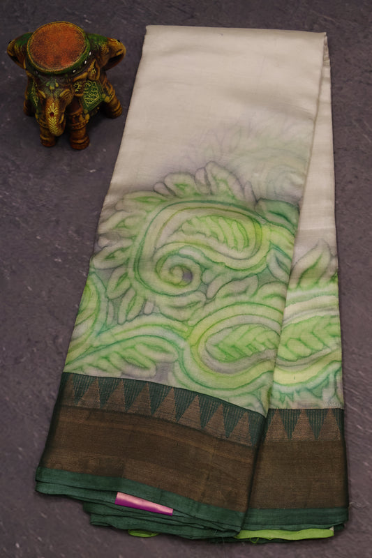 Pure Tussar Saree - Light Green Floral