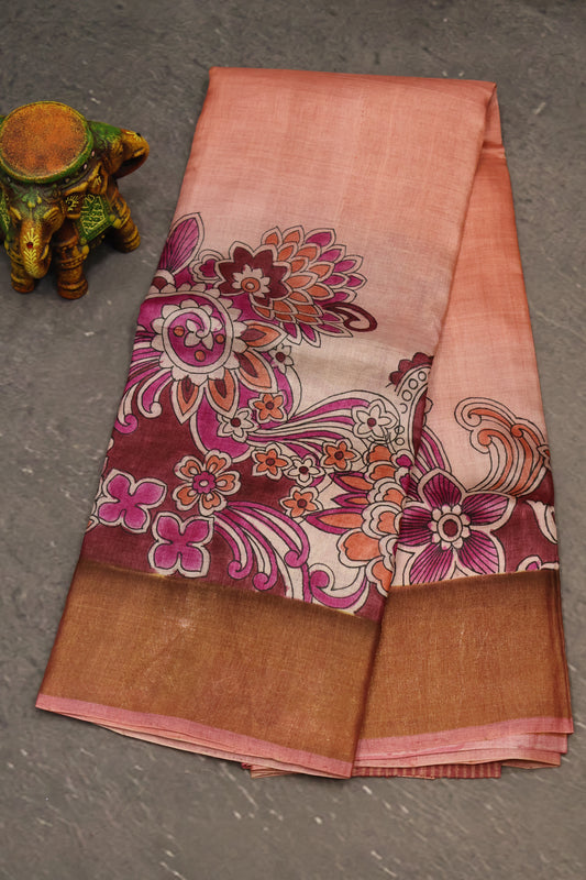Pure Tussar Saree - Pale Orange Floral