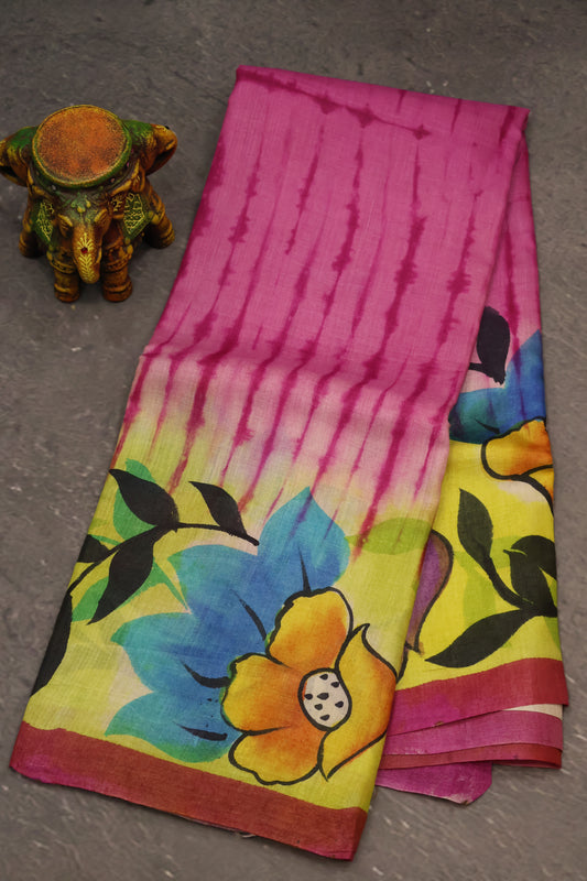 Pure Tussar Saree - Pink Floral Border