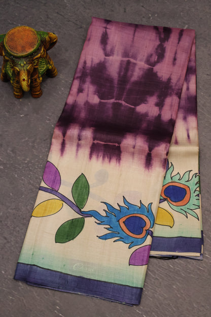 Pure Tussar Saree - Purple Floral Border