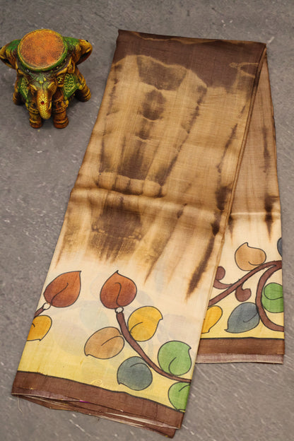 Pure Tussar Saree - Brown Floral Border