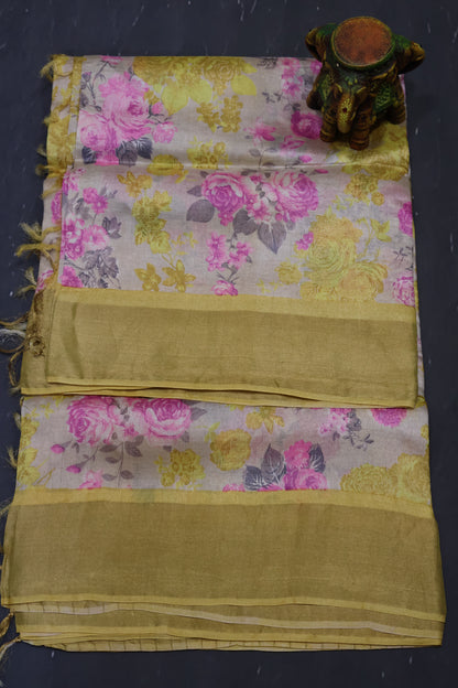Pure Tussar Saree - Yellow Floral