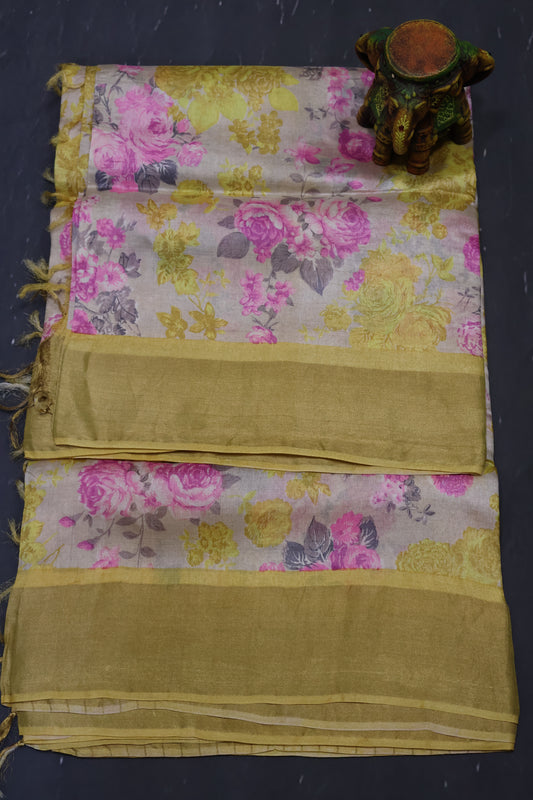 Pure Tussar Saree - Yellow Floral