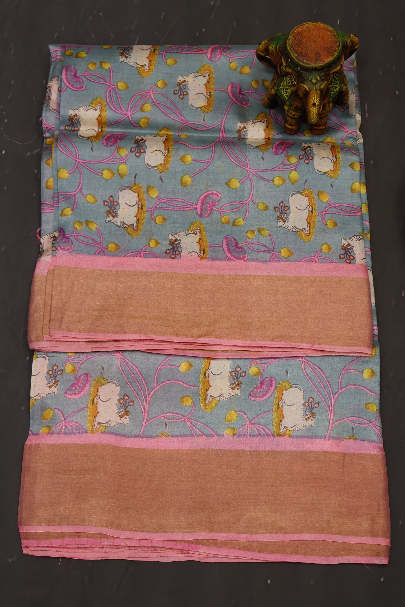 Pure Tussar Saree - Light Blue Pichwai Body