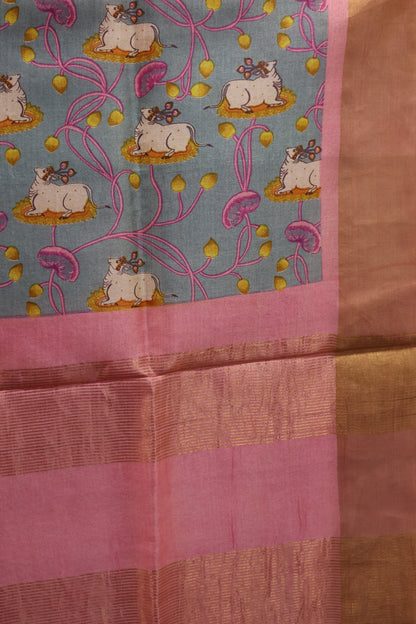 Pure Tussar Saree - Light Blue Pichwai Body