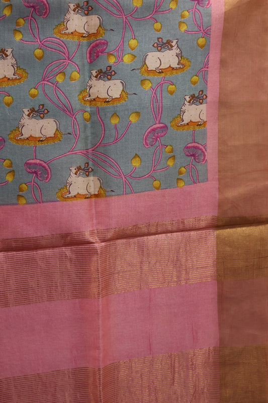 Pure Tussar Saree - Light Blue Pichwai Body