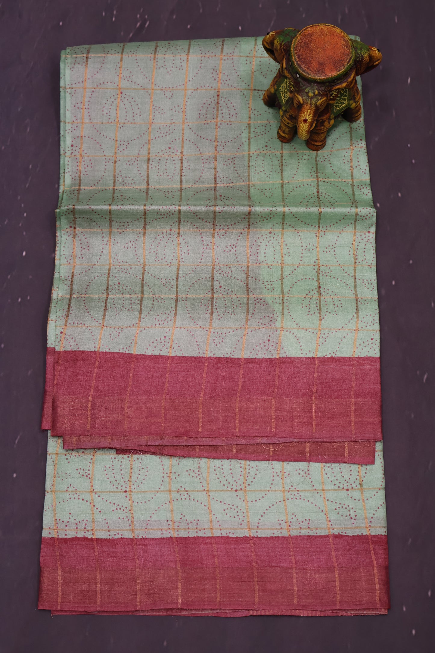 Pure Tussar Saree - Light Green Checks