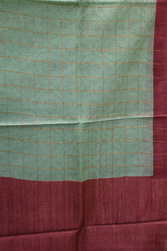 Pure Tussar Saree - Light Green Checks