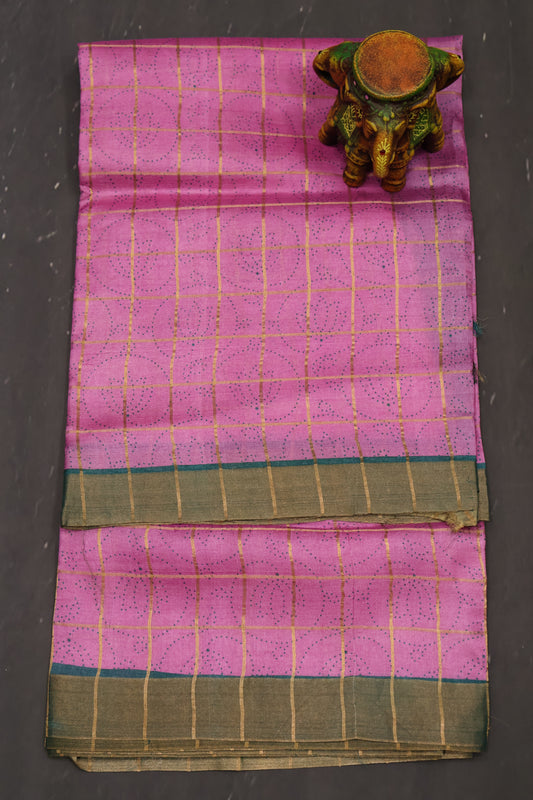 Pure Tussar Saree - Purple Checks
