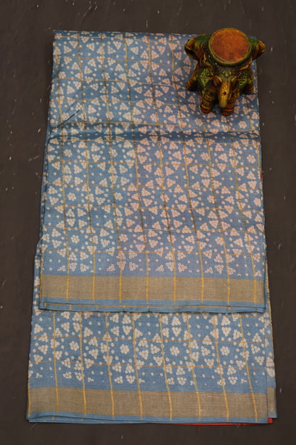 Pure Tussar Saree - Light Blue Checks