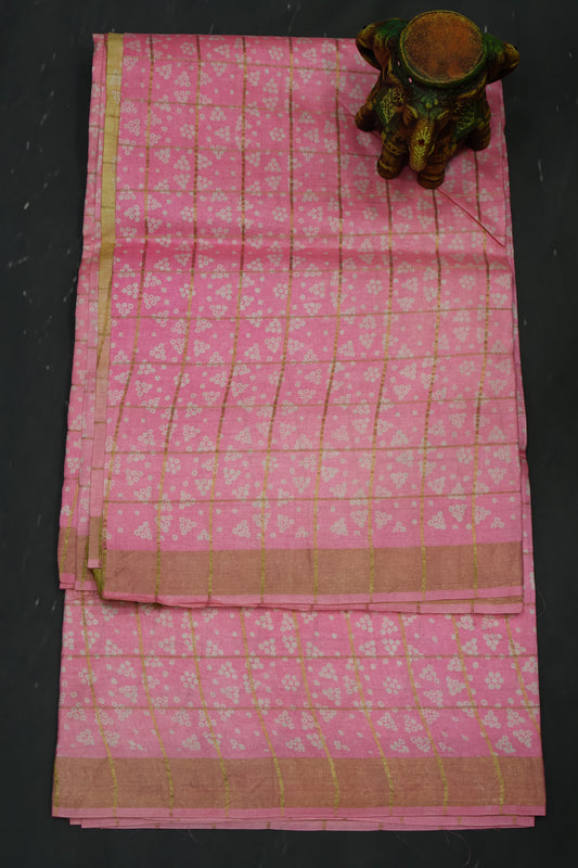 Pure Tussar Saree - Light Pink Checks