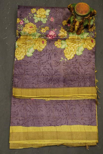 Pure Tussar Saree - Violet Floral Body