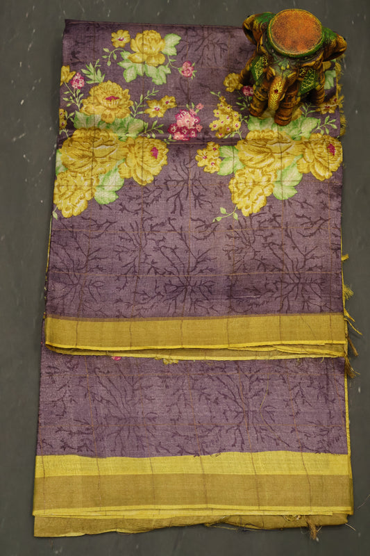 Pure Tussar Saree - Violet Floral Body