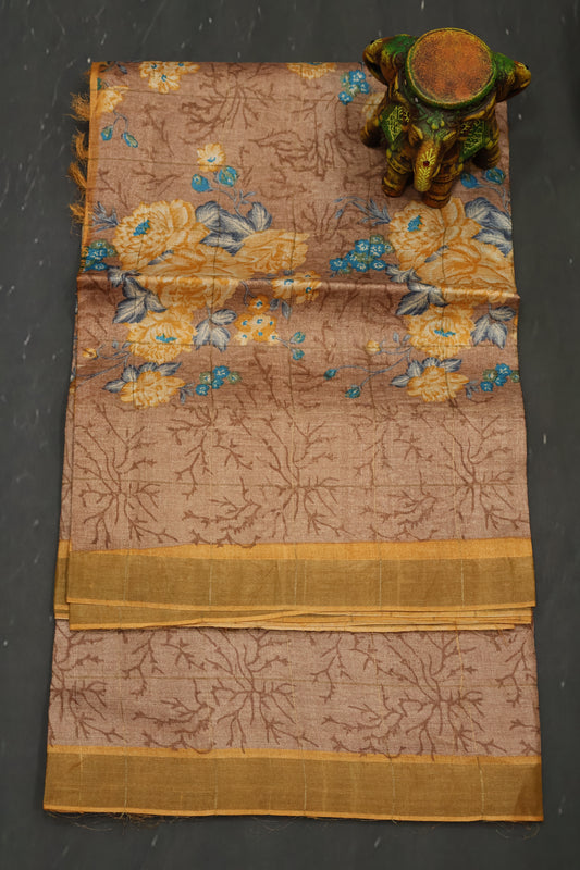 Pure Tussar Saree - Light Brown Floral Body