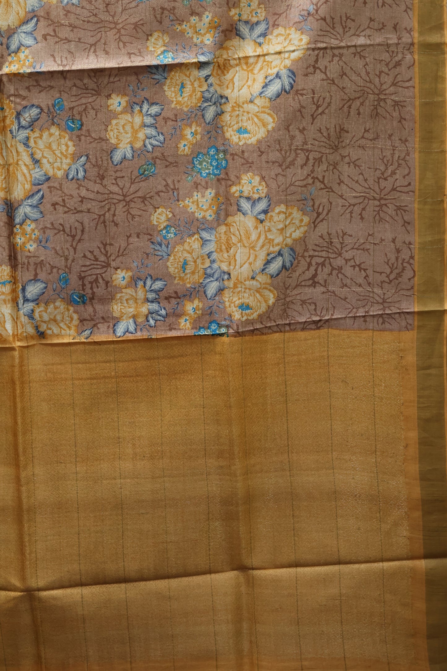 Pure Tussar Saree - Light Brown Floral Body