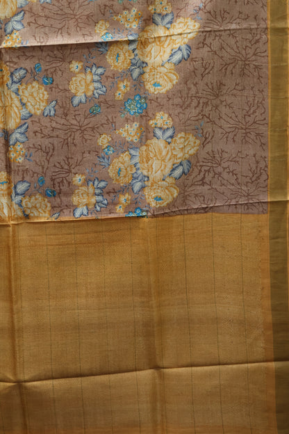 Pure Tussar Saree - Light Brown Floral Body