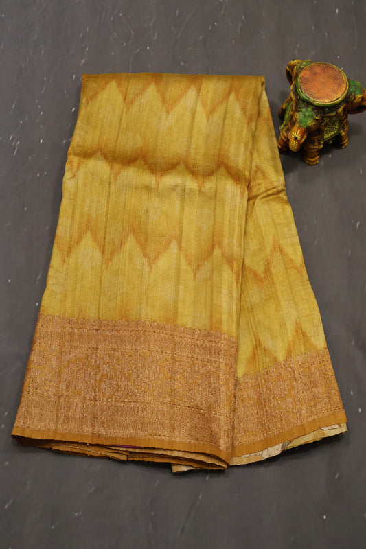 Pure Tussar Saree - Yellow Ikkat Body