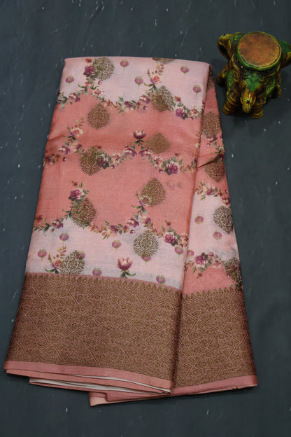 Pure Tussar Saree - Peach Pink Floral Body
