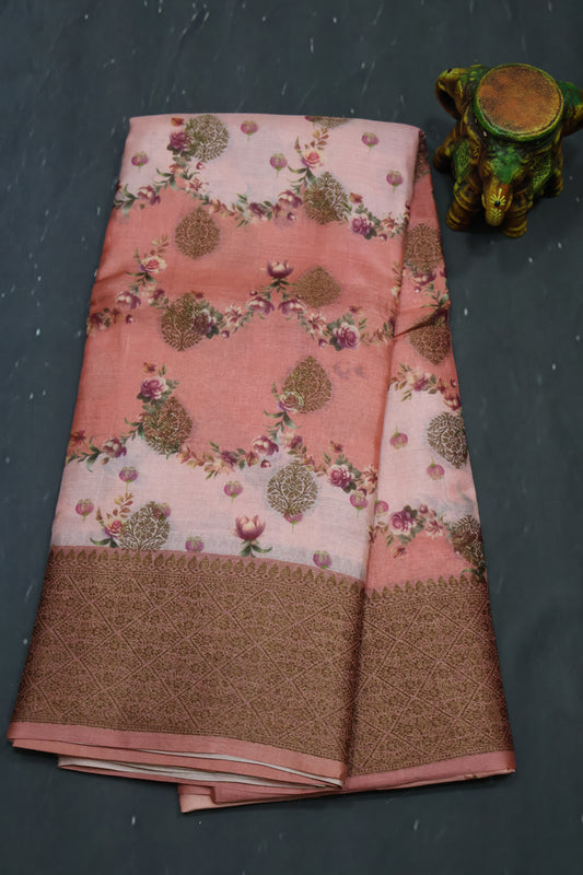 Pure Tussar Saree - Peach Pink Floral Body