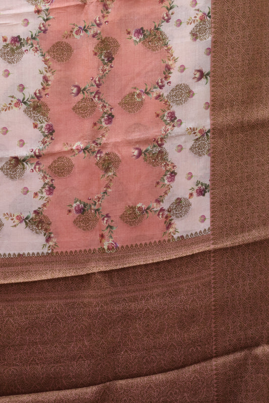 Pure Tussar Saree - Peach Pink Floral Body