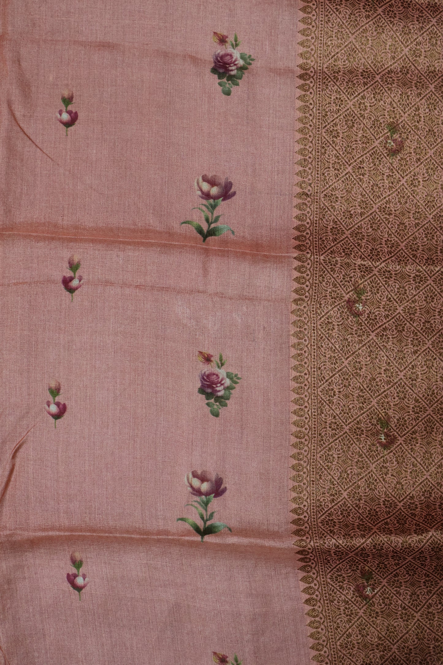 Pure Tussar Saree - Peach Pink Floral Body