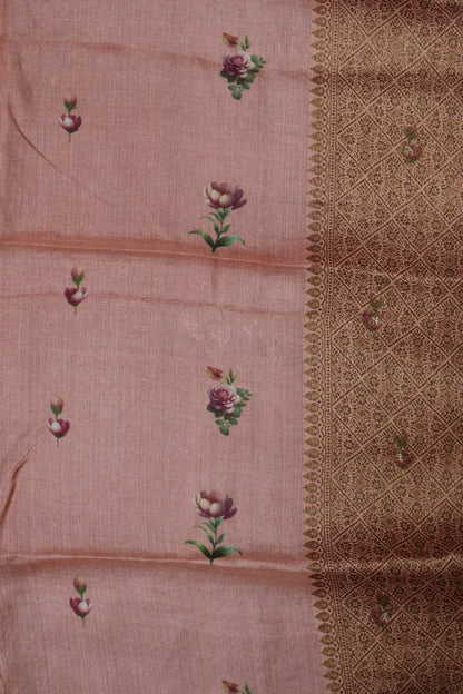 Pure Tussar Saree - Peach Pink Floral Body