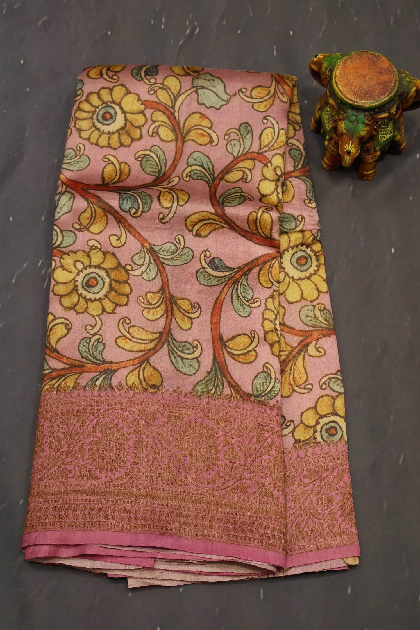Pure Tussar Saree - Onion Pink Floral Body