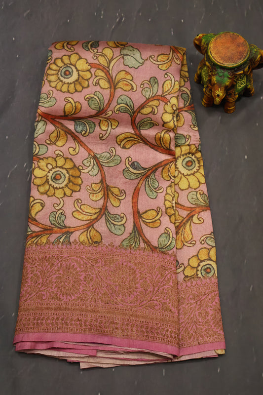 Pure Tussar Saree - Onion Pink Floral Body