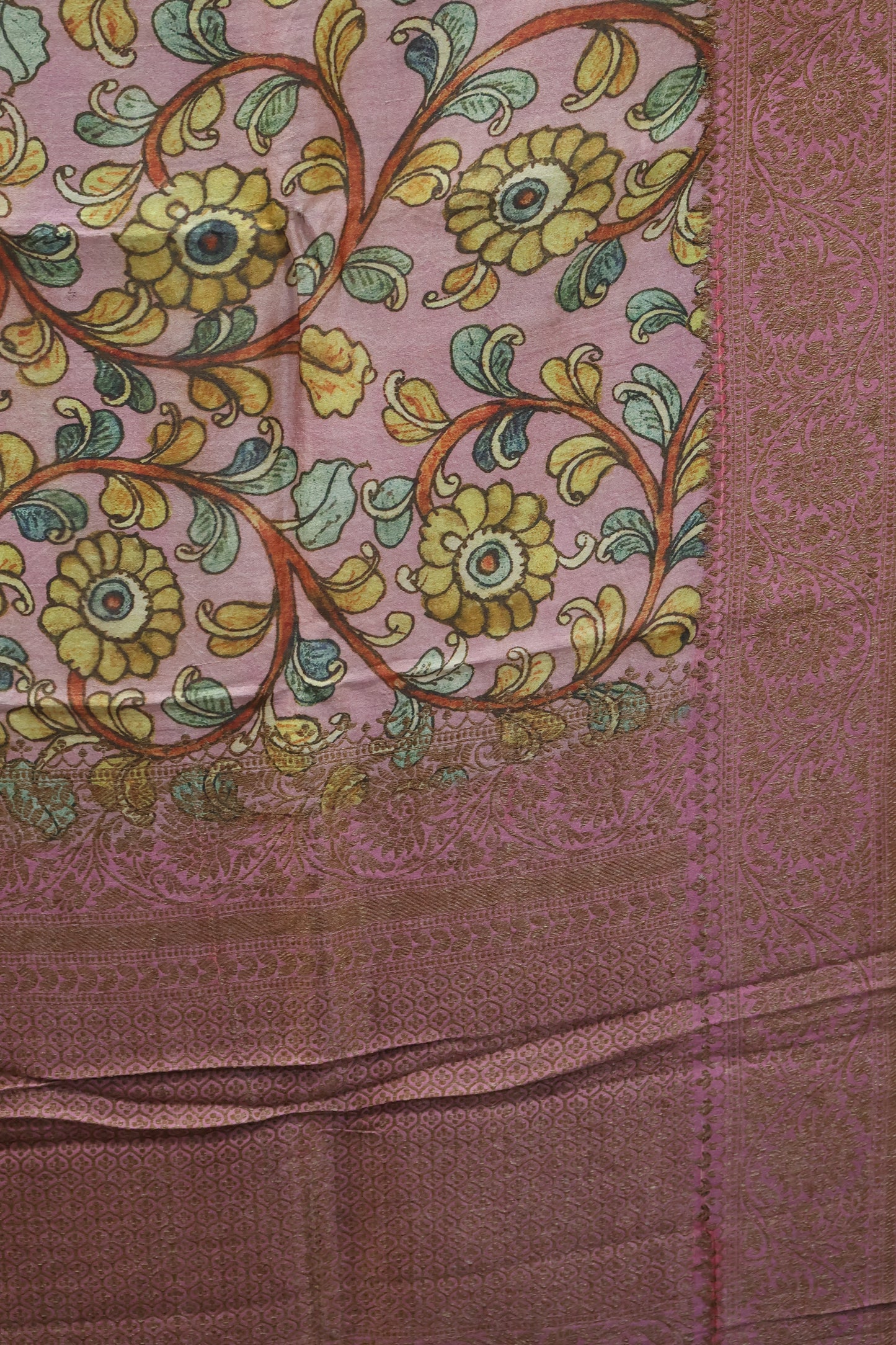 Pure Tussar Saree - Onion Pink Floral Body
