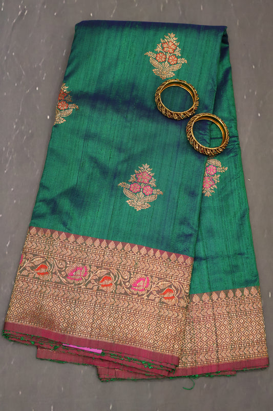 Semi Raw Silk Saree - Peacock Green