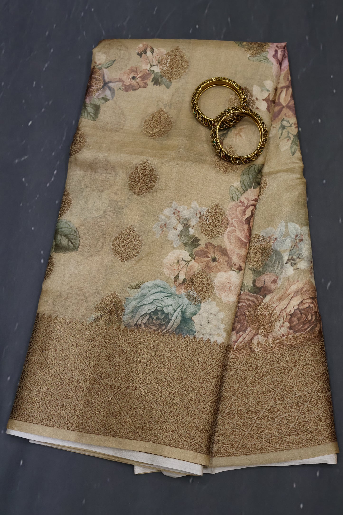 Pure Tussar Saree - Sandal Floral Body