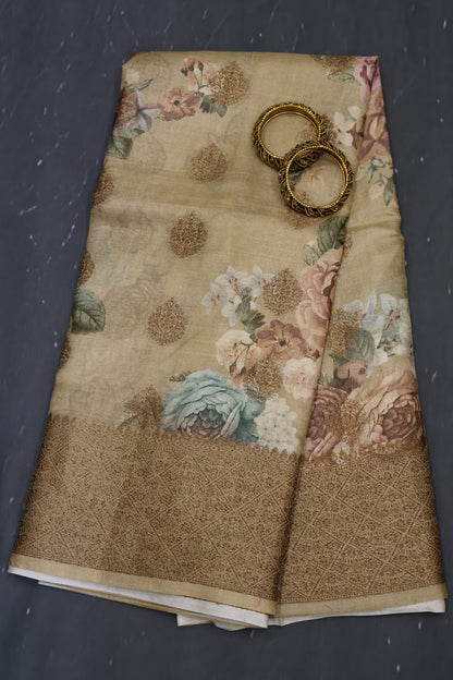 Pure Tussar Saree - Sandal Floral Body