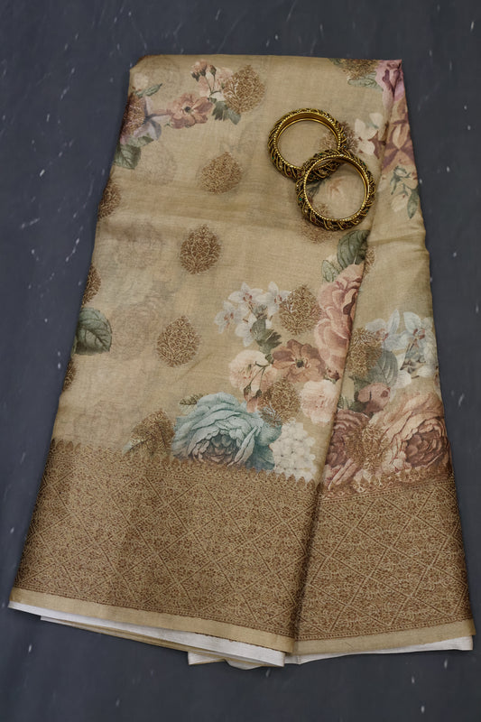 Pure Tussar Saree - Sandal Floral Body