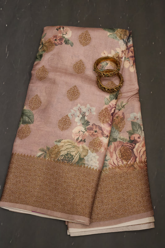 Pure Tussar Saree - Onion Pink Floral Body