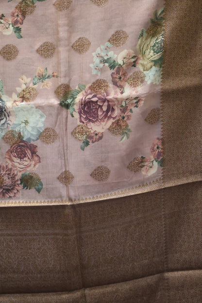 Pure Tussar Saree - Onion Pink Floral Body