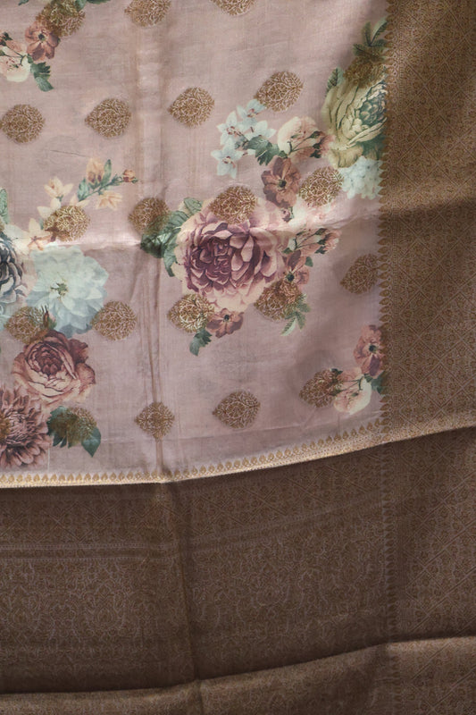 Pure Tussar Saree - Onion Pink Floral Body