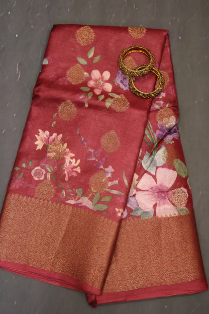 Pure Tussar Saree - Maroon Floral Body