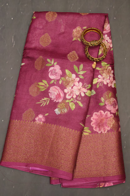 Pure Tussar Saree - Wine Floral Body