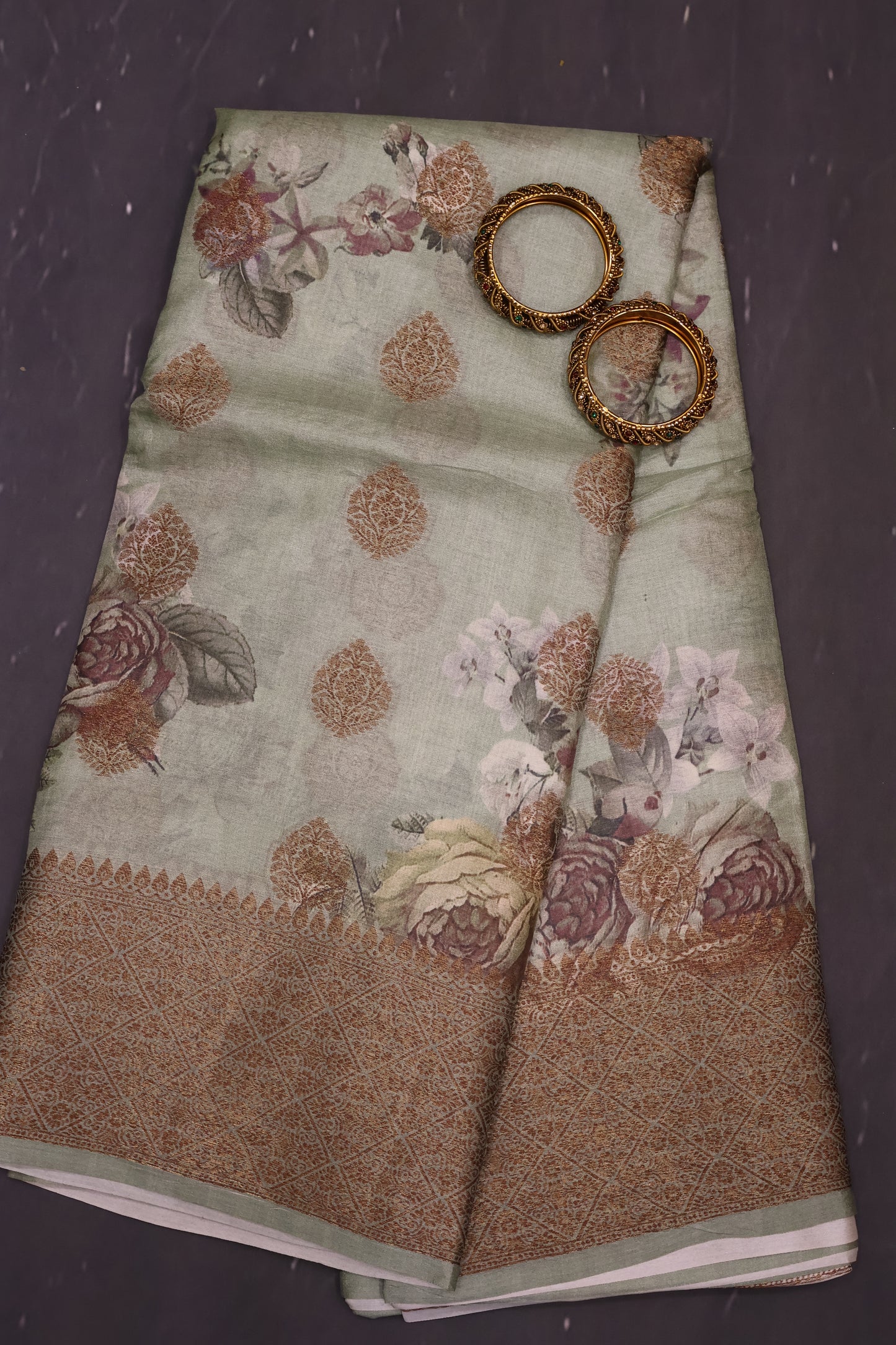 Pure Tussar Saree - Pista Green Floral Body