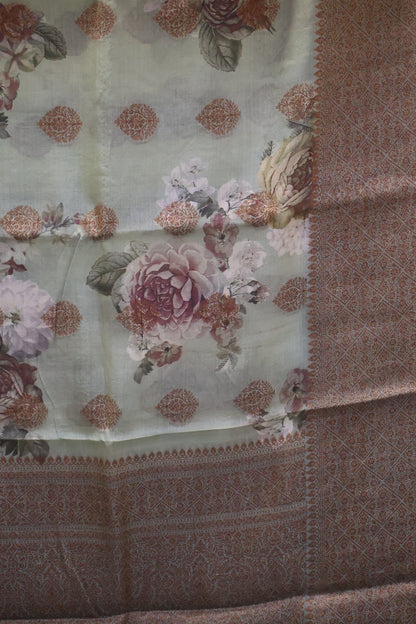 Pure Tussar Saree - Pista Green Floral Body