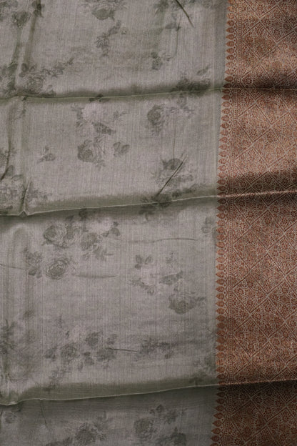 Pure Tussar Saree - Pista Green Floral Body