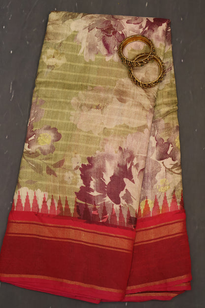 Pure Tussar Saree - Sage Green-Maroon