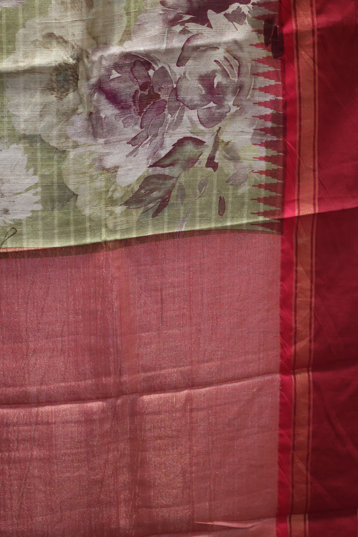 Pure Tussar Saree - Sage Green-Maroon