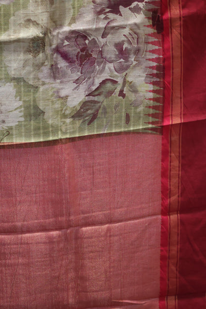 Pure Tussar Saree - Sage Green-Maroon