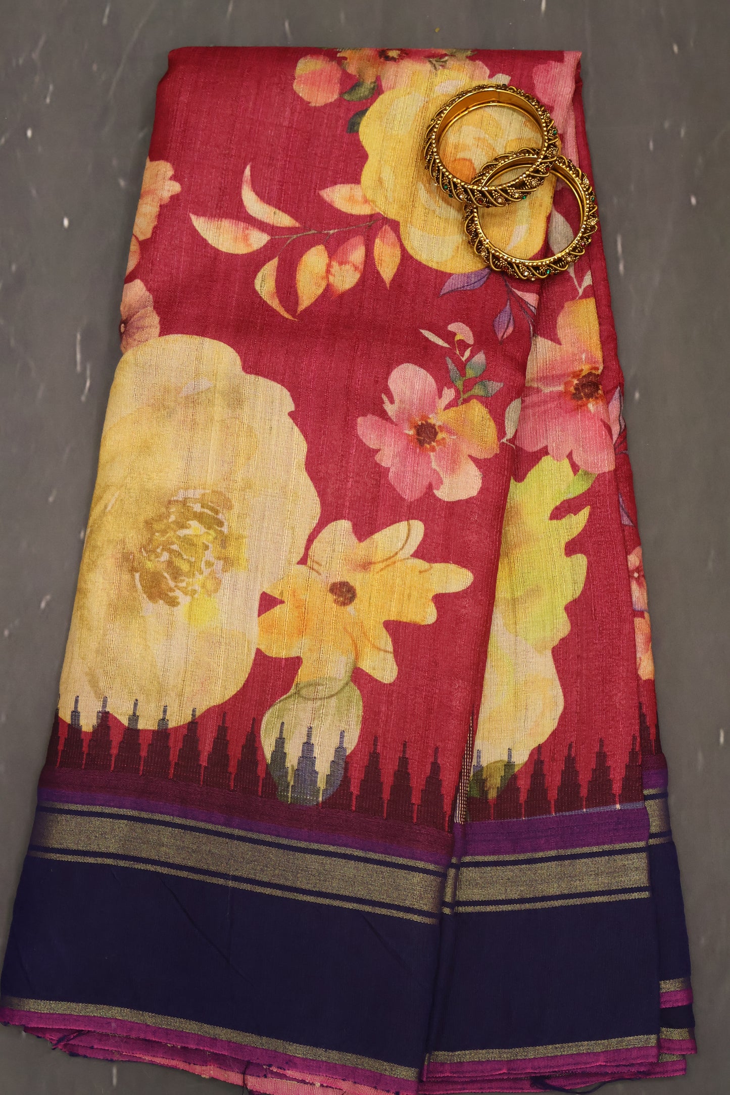 Pure Tussar Saree - Dark Pink-Blue